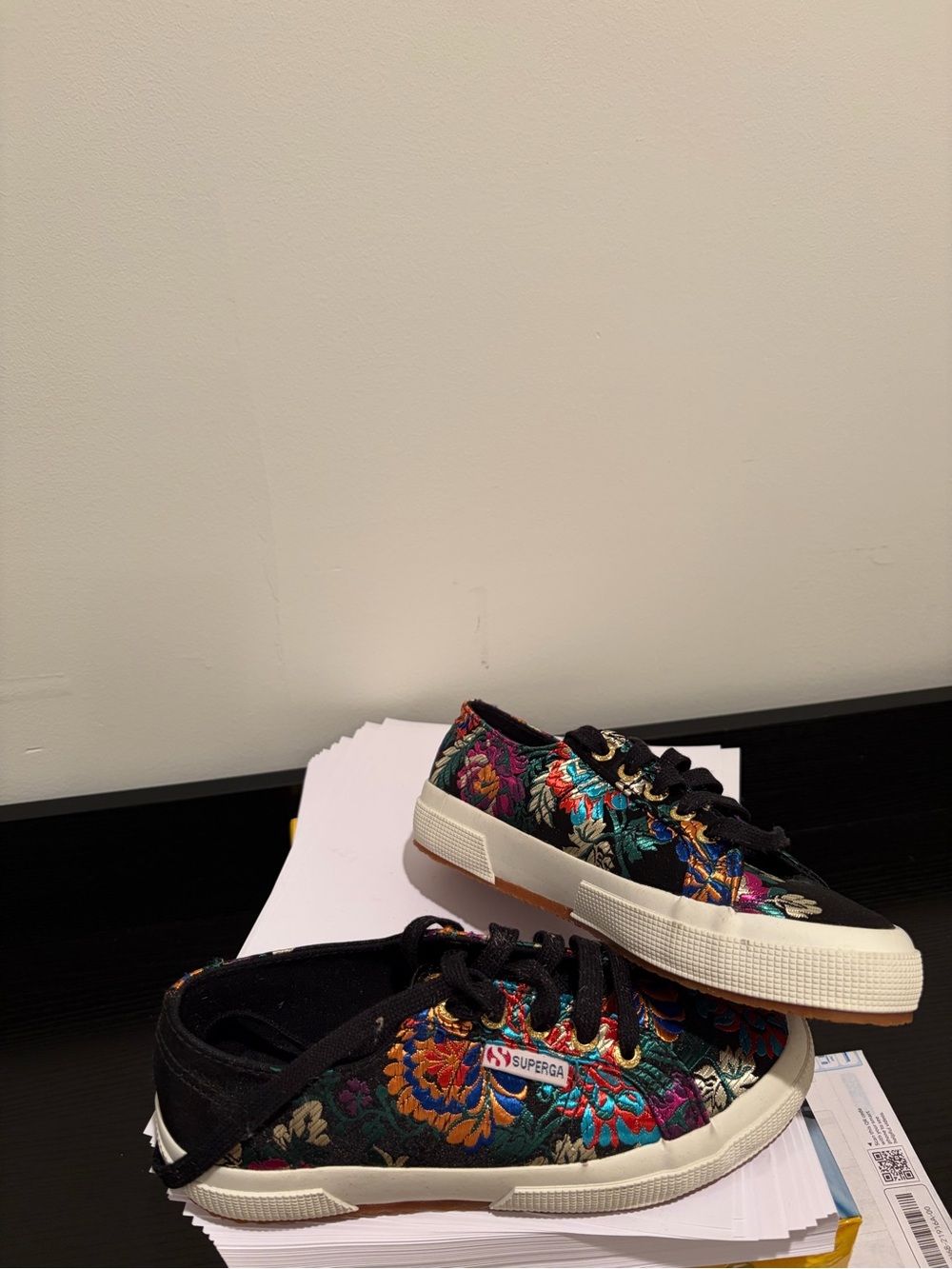 Superga Black Canvas Low-Top Sneakers with Multicolor Floral Embroidery
